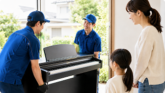 ピアノを搬出しているスタッフ